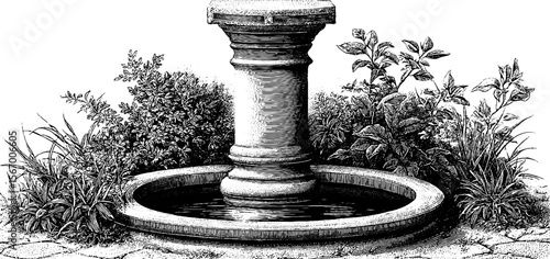 Vintage engraving of broken pillar stump and overgrown courtyard scene