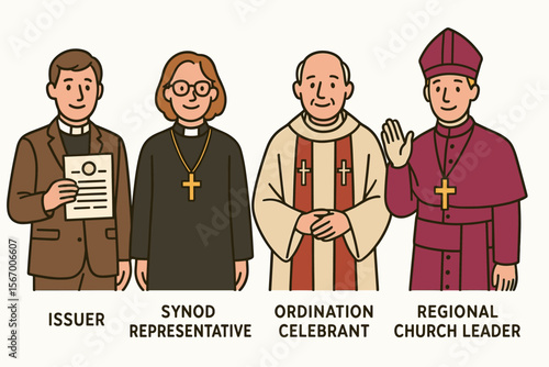 Male religious figures in traditional clergy attire with roles identified vector icon isolated illustration