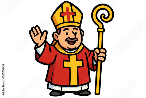 Cartoon bishop character in red and gold attire with staff vector icon isolated illustration