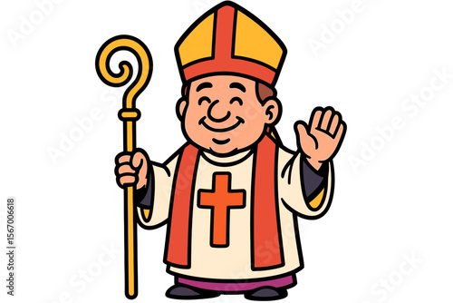 Cartoon bishop holding staff and waving vector icon isolated illustration