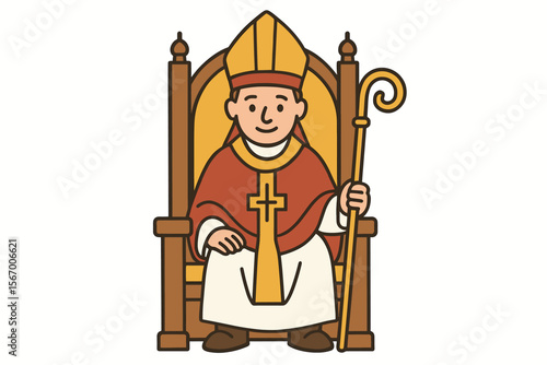 Cartoon bishop in vestments sitting on throne with staff vector icon isolated illustration