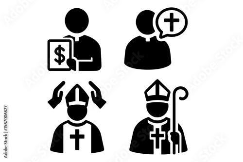 Religious figures and symbols: priest, bishop, cross, dollar sign icons vector icon isolated illustration