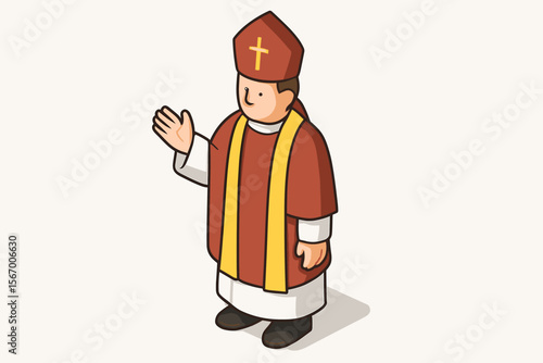 Cartoon bishop illustration with red robe and mitre vector icon isolated illustration