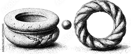 Ancient burial pit stones and braided cord loop sketch for historical design
