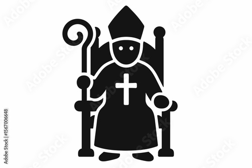 Bishop icon silhouette on throne with staff and cross emblem vector icon isolated illustration