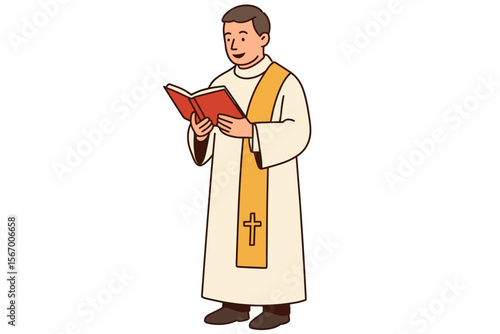 Caucasian male adult priest in robe reading from red book vector icon isolated illustration