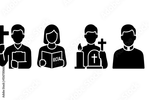 Silhouette icons of religious practices: male and female figures with crosses and candle vector icon isolated illustration