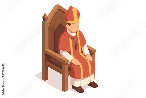 Isometric illustration of a bishop in red robe seated on wooden throne vector icon isolated illustration