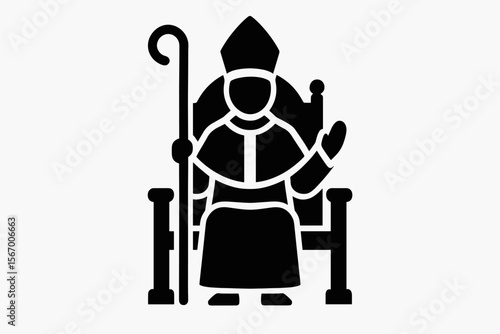 Bishop icon on throne - religious symbol in black silhouette vector icon isolated illustration