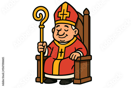 Cartoon of caucasian male bishop seated in chair with staff vector icon isolated illustration