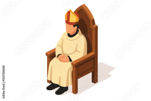 Isometric illustration of a clergyman in a robe seated on a wooden throne vector icon isolated illustration