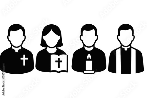 Clerical icons: male and female religious figures with cross, book, candle, and vestments vector icon isolated illustration