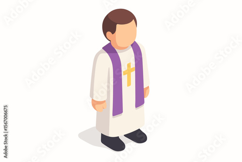 Isometric illustration of male priest in white robe with purple stole vector icon isolated illustration