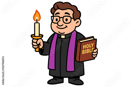 Cartoon caucasian male priest holding candle and bible vector icon isolated illustration