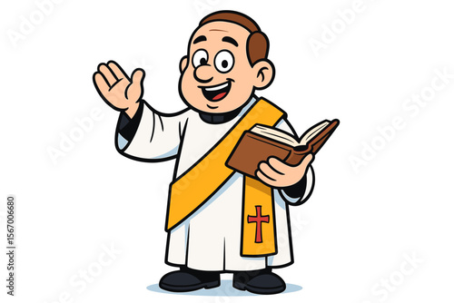 Cartoon priest character with bible and raised hand, caucasian male, adult vector icon isolated illustration