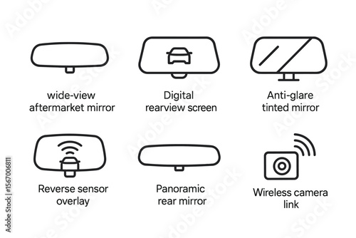 Car rearview mirror technology icons for enhanced vision and safety vector icon isolated illustration