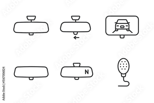 Rearview mirror icons: reversing, compass, night mode, parking camera display, microphone vector icon isolated illustration