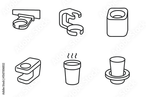 Minimalist black line icon set of coffee cups and holders vector icon isolated illustration