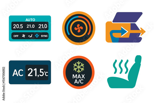 Car climate control icons: temperature, ac, heating, airflow symbols vector icon isolated illustration