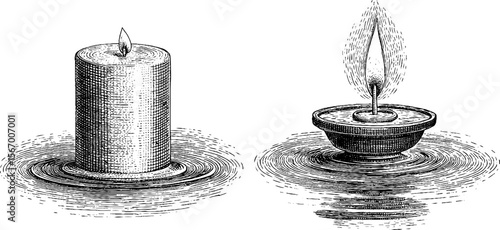 Tranquil candle reflections on still water - vintage hand drawn engraving illustration for decor and meditation