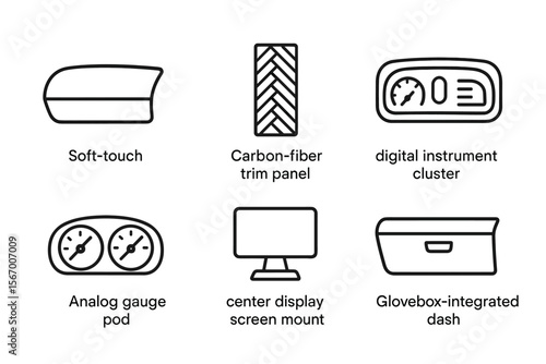 Car interior features: soft-touch, carbon-fiber panel, instrument cluster vector icon isolated illustration