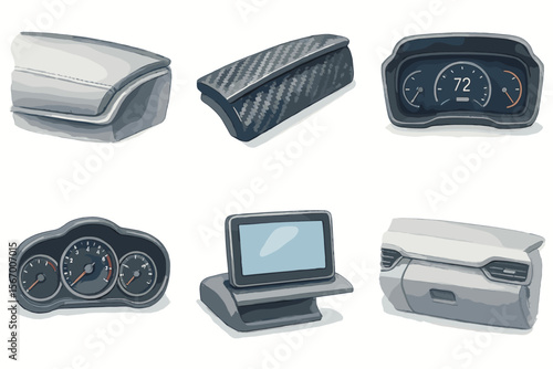 Car interior elements dashboard gauges screens and panels vector icon isolated illustration