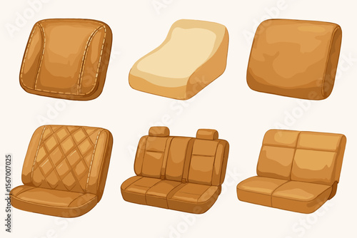 Variety of brown leather car seats: single, double, cushioned, textured designs vector icon isolated illustration
