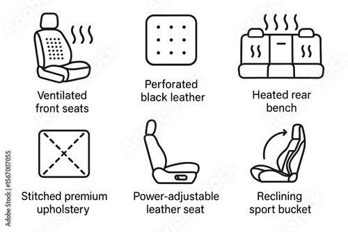 Car seat features: ventilated, perforated leather, heated bench, adjustable, reclining vector icon isolated illustration