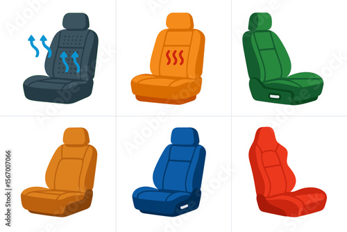 Illustration of car seats with varying features and colors vector icon isolated illustration