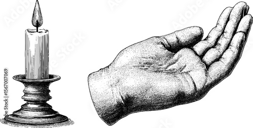 Vintage hand and candle flame engraving for retro design and decoration