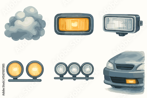 Watercolor cloud and car headlights collection vector icon isolated illustration