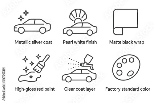 Car paint finishes: metallic, pearl, matte, high-gloss, clear coat, standard vector icon isolated illustration