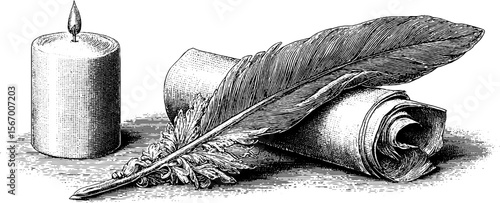 Vintage candle, quill, and parchment set for historical writing design