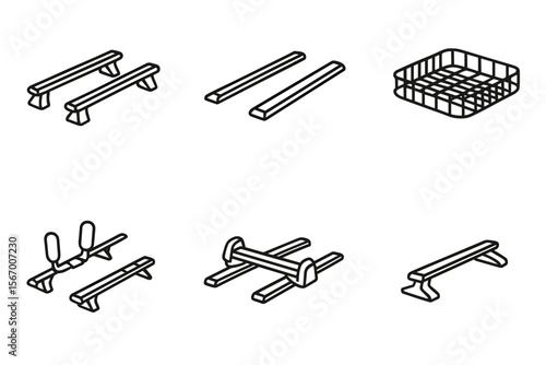 Minimalist line art of furniture assembly tools and parts vector icon isolated illustration
