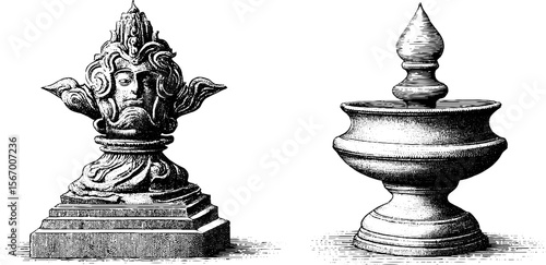 Ornate carved idols on pedestal and torch holder in vintage engraving design