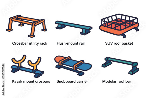 Illustrated car roof accessories collection - rack, rail, basket, carrier vector icon isolated illustration