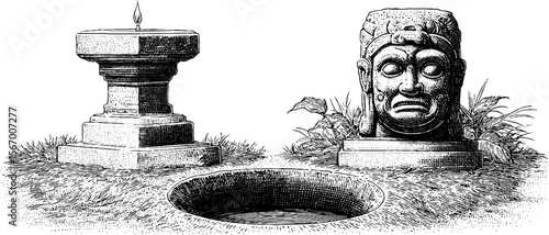 Ancient carved idol and pedestal with torch holder in vintage hand drawn style