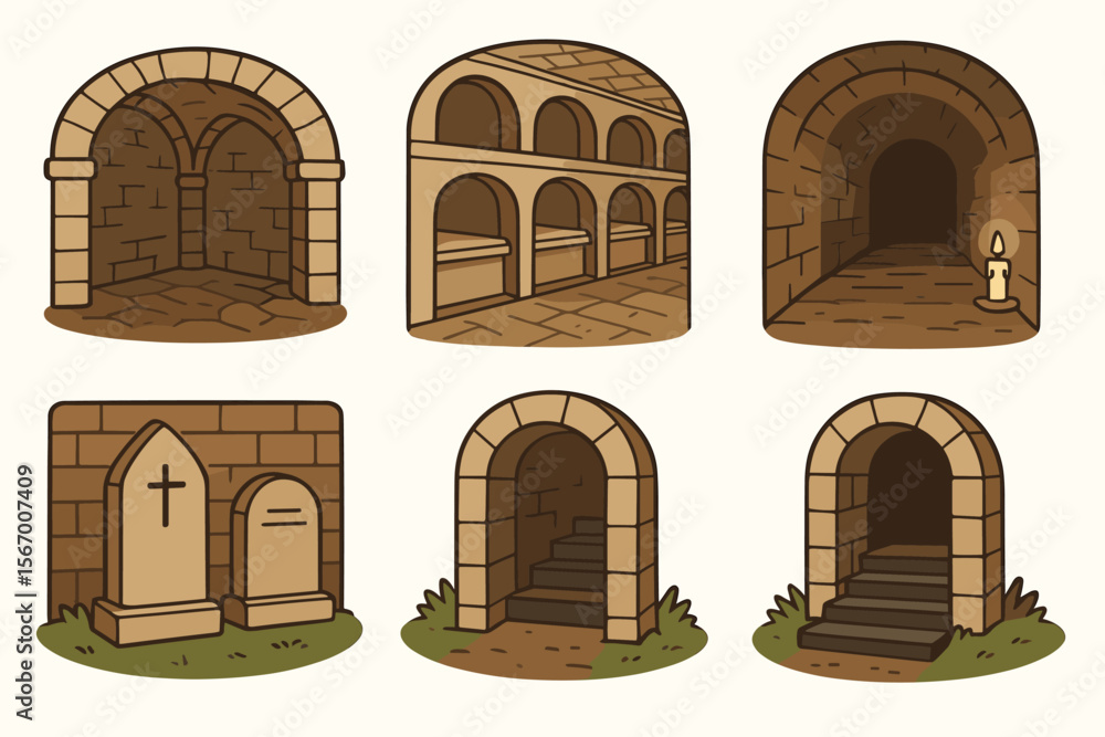 Fototapeta premium Illustrated catacombs and tombs with archways and candlelit tunnel vector icon isolated illustration