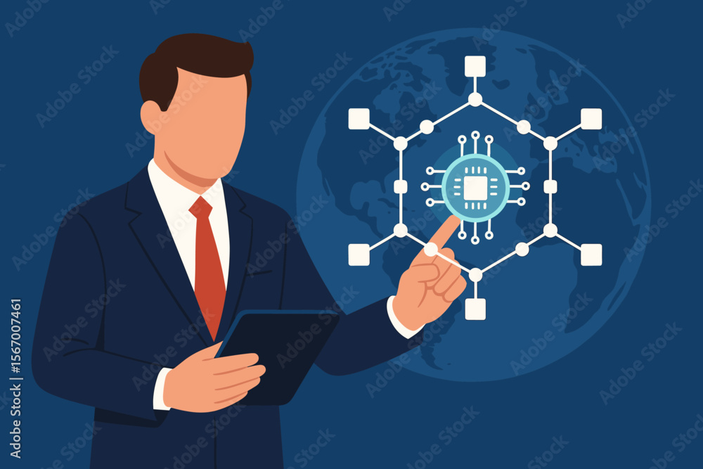 Businessman touches virtual screen with microcircuit icon on global network. Blockchain technology, fintech innovation, crypto currency and data analysis concept. Vector illustration. Businessman touches virtual screen with microcircuit icon on global network. Blockchain technology, fintech innovation, crypto currency and data analysis concept. Vector illustration.