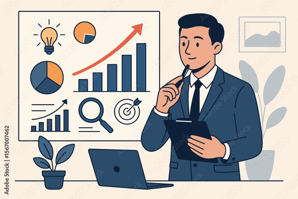 Businessman analyzing business marketing research and economic growth graph to develop a smart solution. Concept of business strategy, planning, data analysis, and corporate success. Businessman analyzing business marketing research and economic growth graph to develop a smart solution. Concept of business strategy, planning, data analysis, and corporate success.