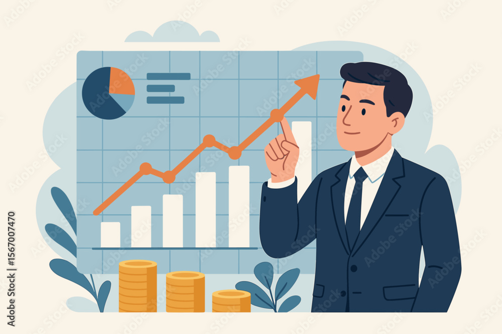 Businessman analyzing finance and sales data with an economic growth chart. Concept of successful investment in valuable assets, banking, stock market growth, and profit strategy. Businessman analyzing finance and sales data with an economic growth chart. Concept of successful investment in valuable assets, banking, stock market growth, and profit strategy.