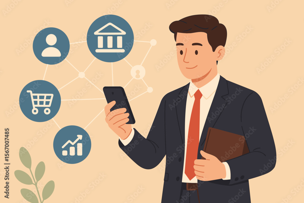 Businessman using smartphone for online banking, shopping, and finance management. Fintech concept with customer network, investment growth, digital marketing. Mobile technology vector. Businessman using smartphone for online banking, shopping, and finance management. Fintech concept with customer network, investment growth, digital marketing. Mobile technology vector.