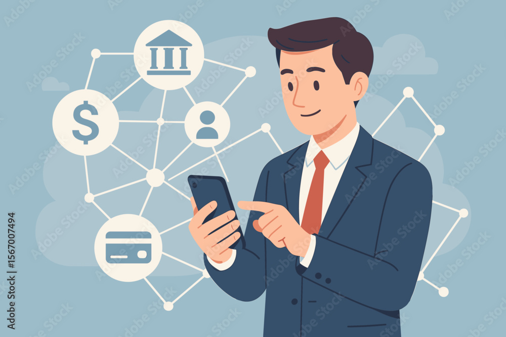 Fintech and mobile banking concept. Businessman using smartphone app for online payment, money transfer, and financial management. Digital technology network with business icons. Fintech and mobile banking concept. Businessman using smartphone app for online payment, money transfer, and financial management. Digital technology network with business icons.