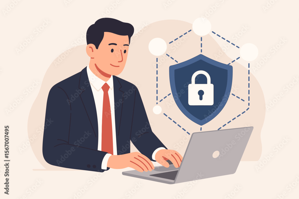 Businessman using laptop for network security. Concept of data protection, internet privacy, and cybersecurity. Shield and padlock guard against cyber attacks. Corporate safety. VPN. Businessman using laptop for network security. Concept of data protection, internet privacy, and cybersecurity. Shield and padlock guard against cyber attacks. Corporate safety. VPN.