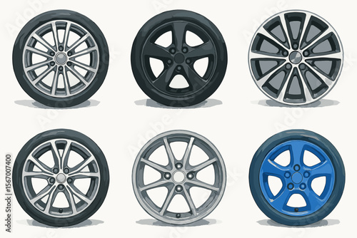Diverse car rim designs in varied colors and styles vector icon isolated illustration