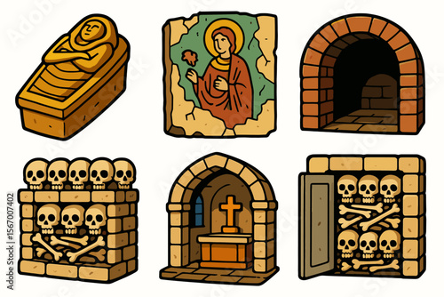 Medieval burial symbols and crypt elements in ancient tomb vector icon isolated illustration