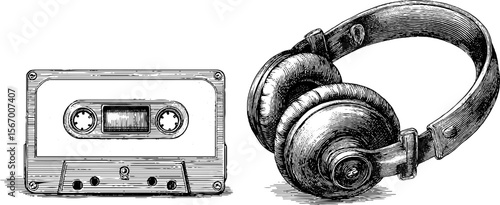 Vintage cassette player and headphones sketch for retro music design