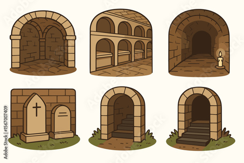 Illustrated catacombs and tombs with archways and candlelit tunnel vector icon isolated illustration