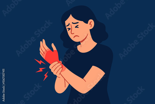 Woman suffering from wrist pain, holding her painful hand. Concept of joint inflammation, arthritis, or carpal tunnel syndrome. Medical vector illustration of an acute hand injury or trauma.