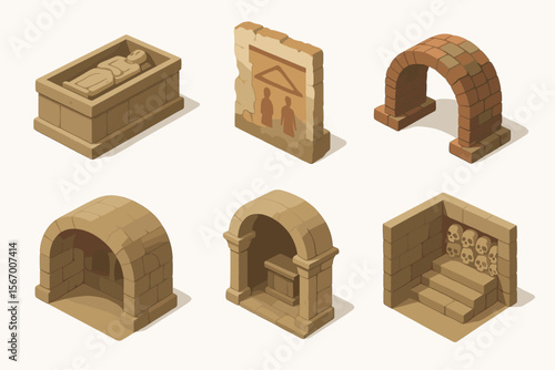 Ancient tomb illustrations with arches, murals, and stone structures vector icon isolated illustration